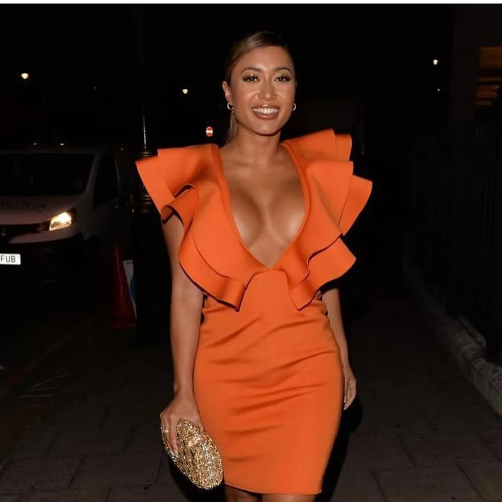 Sexy Diepe V-hals Open Vork Ruches Bandage Jurk Vrouwen Ruimte Katoen Knie Lengte Party Dress Oranje Vestidos Cortos Sexy Diepe V-hals Open Vork Ruches Bandage Jurk Vrouwen Ruimte Katoen Knie Lengte Party Dress Oranje Vestidos Cortos