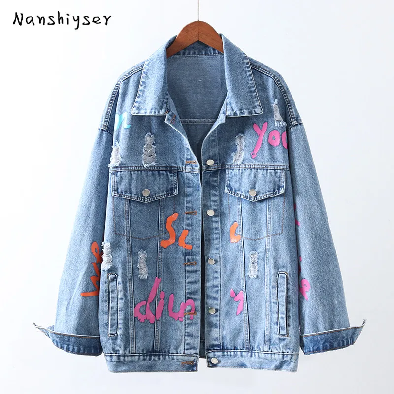

Harajuku Letter printing Hole Denim jacket For Women Autumn 2020 Streetwear Jean coat Female Casual Bomber jacket Chaqueta mujer