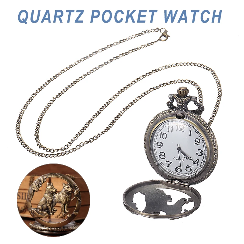 

Vintage Bronze Color Pocket Watch Men Wolf Hollow Quartz Pocket Watch Chain Clock Necklace Female Retro Pendant Watches Gifts
