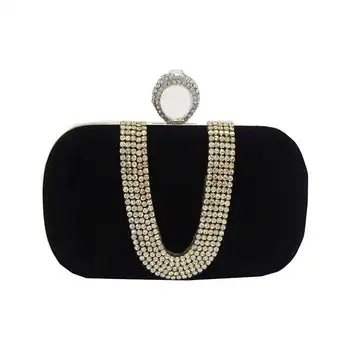 

Suede Velvet Rhinestone Stud One Ring Decor Evening Cocktail Clutch Bag(Black)