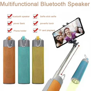 

best seller home Outdoor smart Portable Wireless Column Bluetooth Speaker Power Bank Selfie Stick Flashlight TF Card 5-in-1