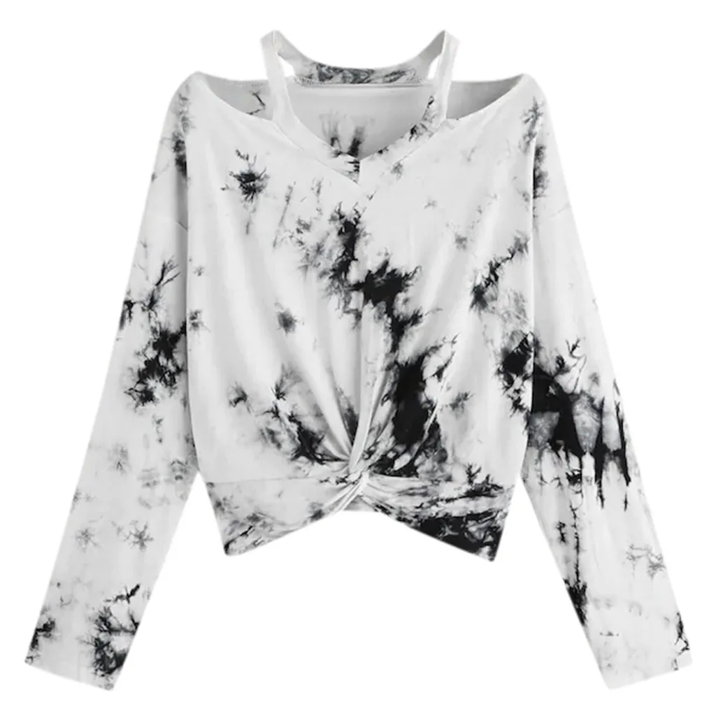 

KLV t shirt harajuku футболка женская Women's Gradient Contrast Color Printed Long Sleeve Top Hollow Shirt free shipping D4