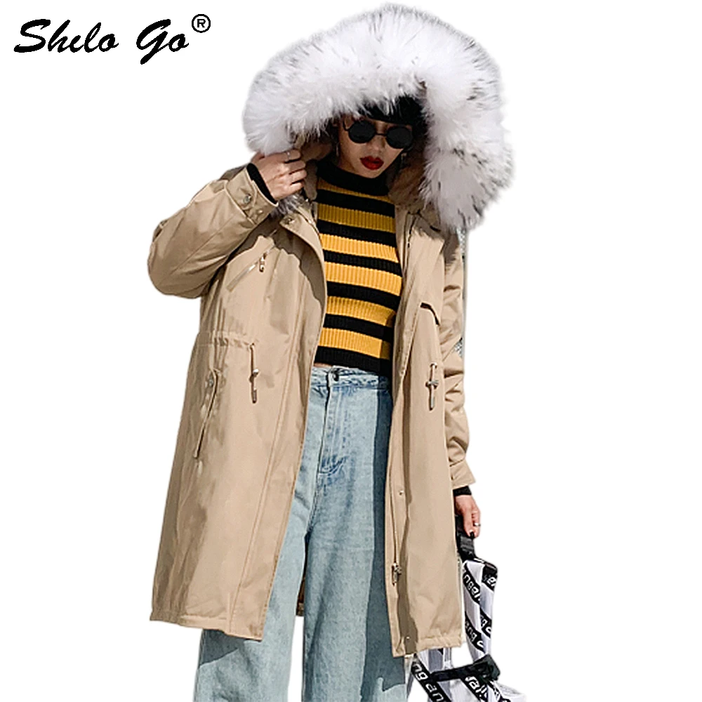 

Fur Parkas Plus Size Real Fox Fur Collar Drawstring Waist Rabbit Fur Lining Khaki Long Coat Women Winter Casual A Line Outwear