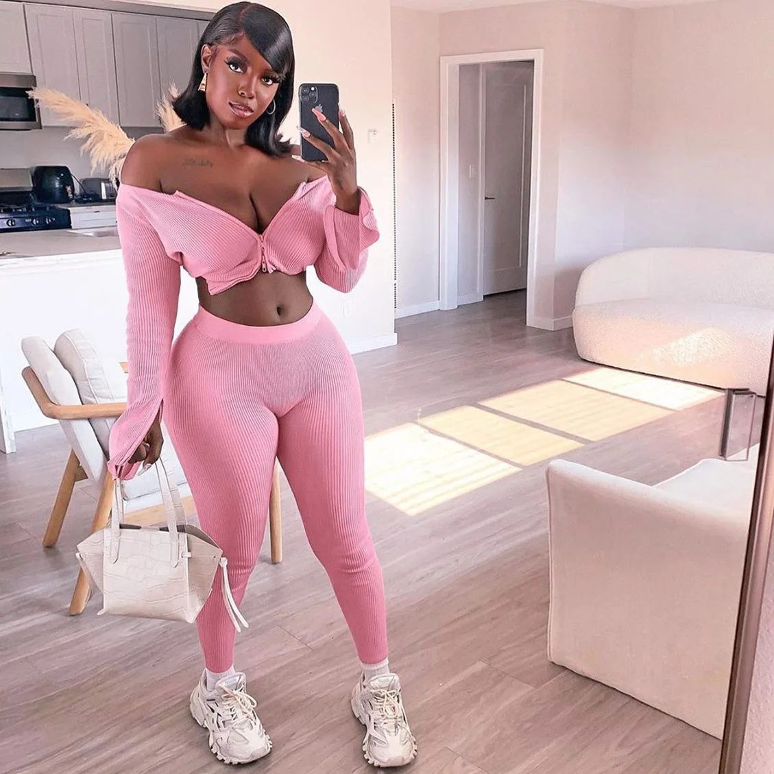 Victoria Dora Slim Fit Midriff Baring Trousers Sunken Stripe Two-Piece Suit Female European and American Women's Clothing |