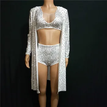 

Luxurious 3 Pieces Set Stage Performance Costume Full Rhinestones Singer DJ Show Wear White Suit Jacket Cloak Nightclub Outfit