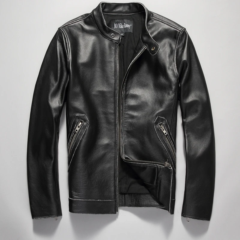 Мужская повседневная куртка из натуральной воловьей кожи черная/черная