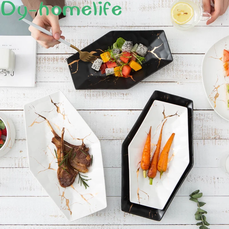 

Multi-size Nordic Black and White Marble Pattern Gold Ceramic 6 Corner Plate Kitchen Household Water Cube Pattern Tableware Dish