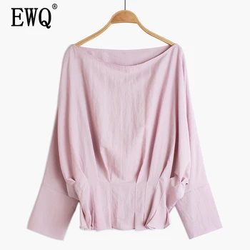 

[EWQ] 2020 spring summer new pattern slash neck long sleeve solid patchwork ruffles pullovers vintage shirt women AK62211