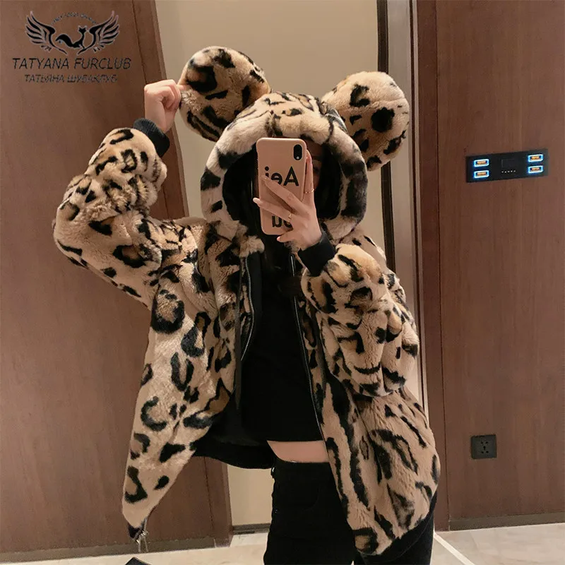 

Winter Fashion Rex Rabbit Fur Coats Women Leopard Print Imported Rex Rabbit Fur Jackets With Ear Hooded Lovely Outwear 2020 New
