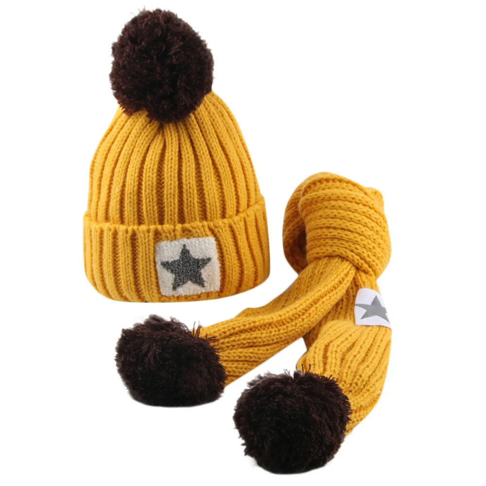 Для детей 2-8 лет, детские зимние шапки для маленьких девочек и мальчиков, Зимняя Вязаная шапка-бини, помпон, набор из шапки и шарфа, шапка для детей@ 45