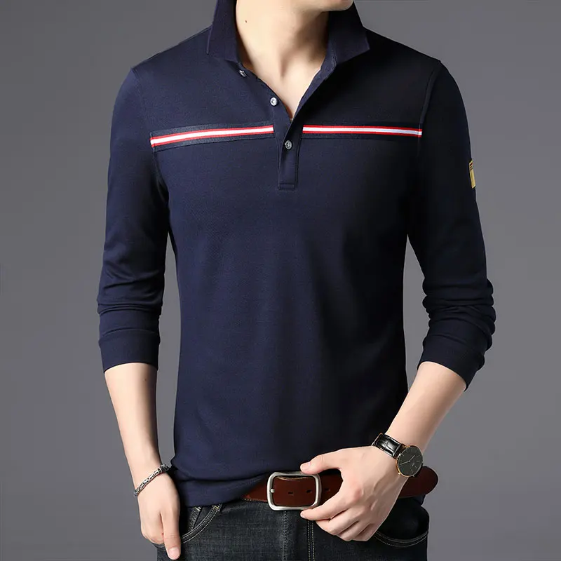 Новинка года, модные брендовые рубашки поло высшего качества, мужские рубашки-поло со стоячим воротником в Корейском стиле с длинными рукавами, приталенная Повседневная рубашка для мальчиков, мужская одежда - Цвет: Синий