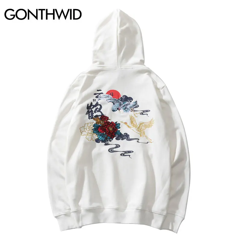 

GONTHWID Japanese Style Embroideried Flowers Cranes Pullover Hooded Sweatshirts Hoodies Harajuku Casual Hip Hop Streetwear Fashion Tops