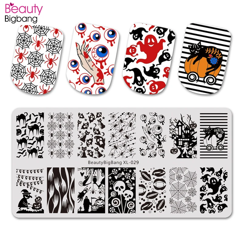 

BeautyBigBang Stencil for nail Halloween Skull Moth Ghost Image plate for Nail Art Template Nail Stamping Plates BBB XL-029