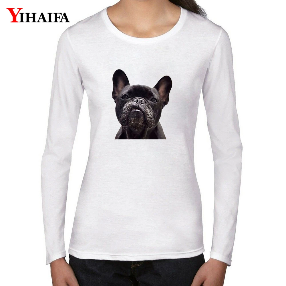Женская футболка с длинным рукавом YIHAIFA черная принтом собаки Повседневная белая