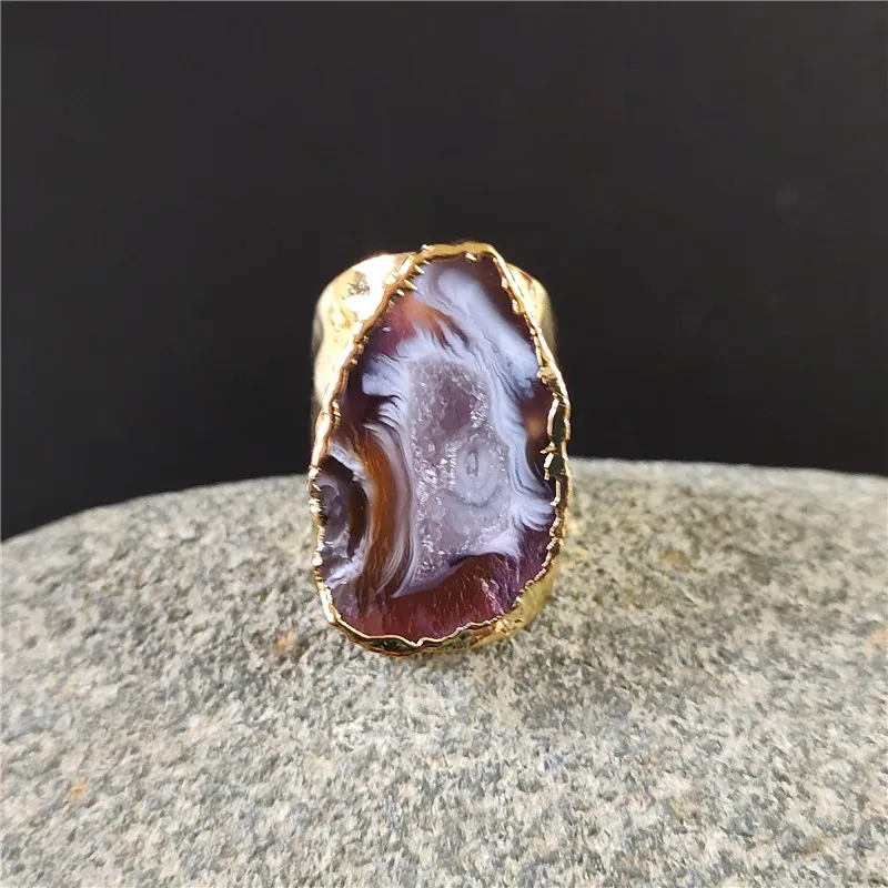 

FUWO Wholesale Natural Geode Agates Ring,Amazing Design Golden Plated Crystal Druzy Rings For Women 5 pieces/lot RG028