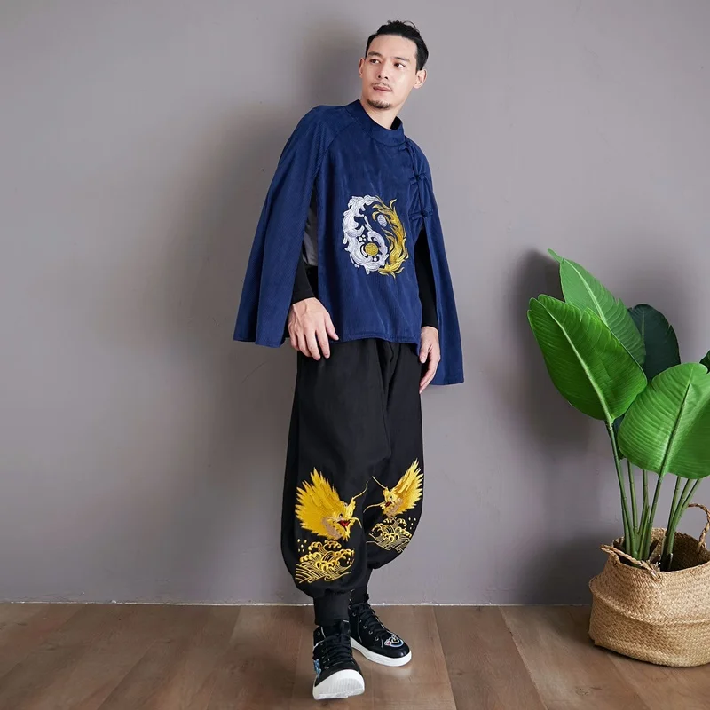 Китайский стиль Дракон вышивка брюки мужская Японская уличная одежда льняные брюки мужские брюки хип-хоп Джоггеры мужские брюки KK3227