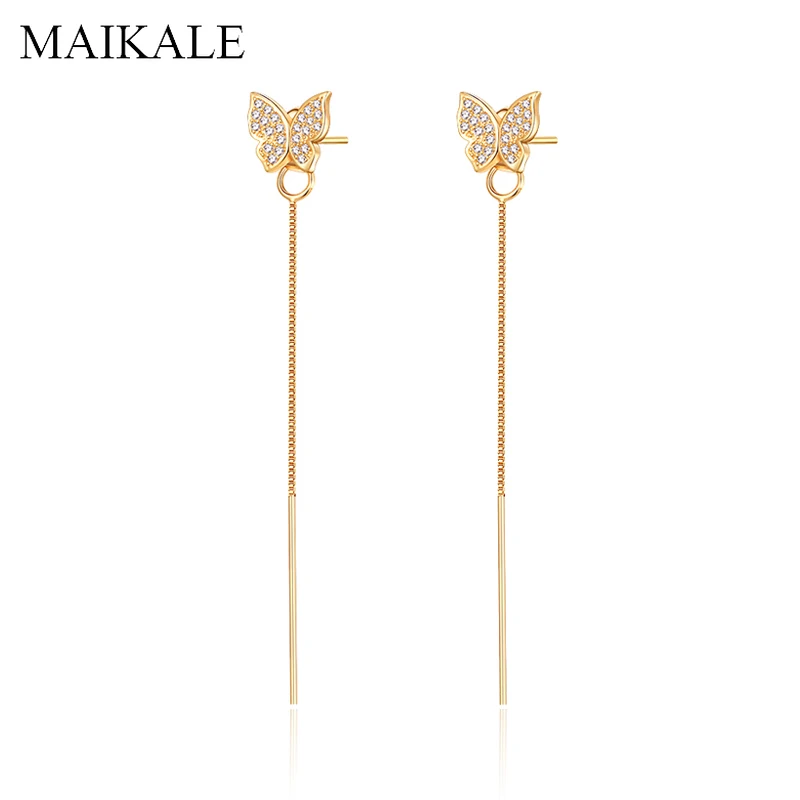 MAIKALE, трендовые серьги-гвоздики с бабочкой, с ушной линией, золотые, серебряные, длинные серьги-цепочки для женщин, ювелирные изделия, модные аксессуары, подарки