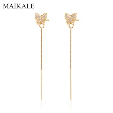 MAIKALE, трендовые серьги-гвоздики с бабочкой, с ушной линией, золотые, серебряные, длинные серьги-цепочки для женщин, ювелирные изделия, модные аксессуары, подарки