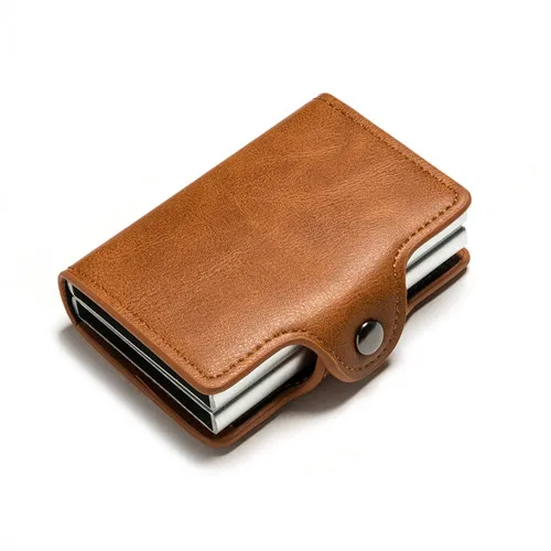 Bycobecy держатель для карт, кошелек, RFID Блокировка, двойная металлическая коробка, кредитная карта, алюминиевый кожаный чехол для визиток, кошелек, кошелек - Цвет: Brown YM0011