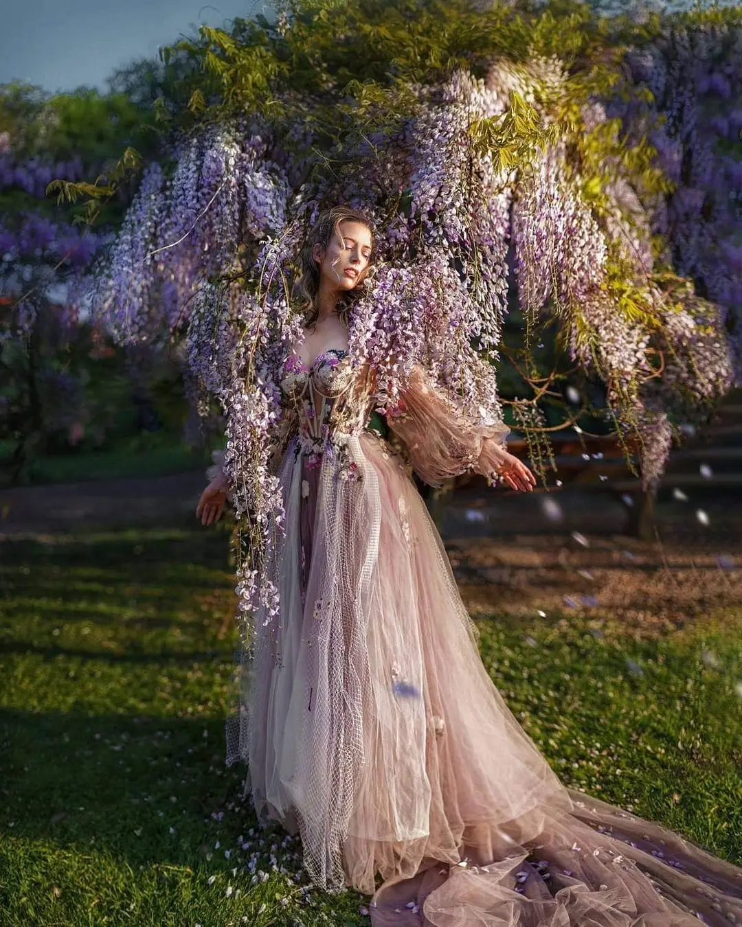 Spaghetti Strap Prom Dress Flowers See-Through Sleeves Applique Floral Print Layered Puffy Tulle Evening Dresses For Women 2022