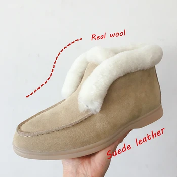 Ankle boots cow-suede-leather boots natural-fur Warm winter boots Slip-on snow boots for women tanie i dobre opinie Smile Circle Cow Suede Sewing Mixed Colors E8068 Adult Flat with Basic Natural Fur Round Toe Spring Autumn Wool Blend Rubber