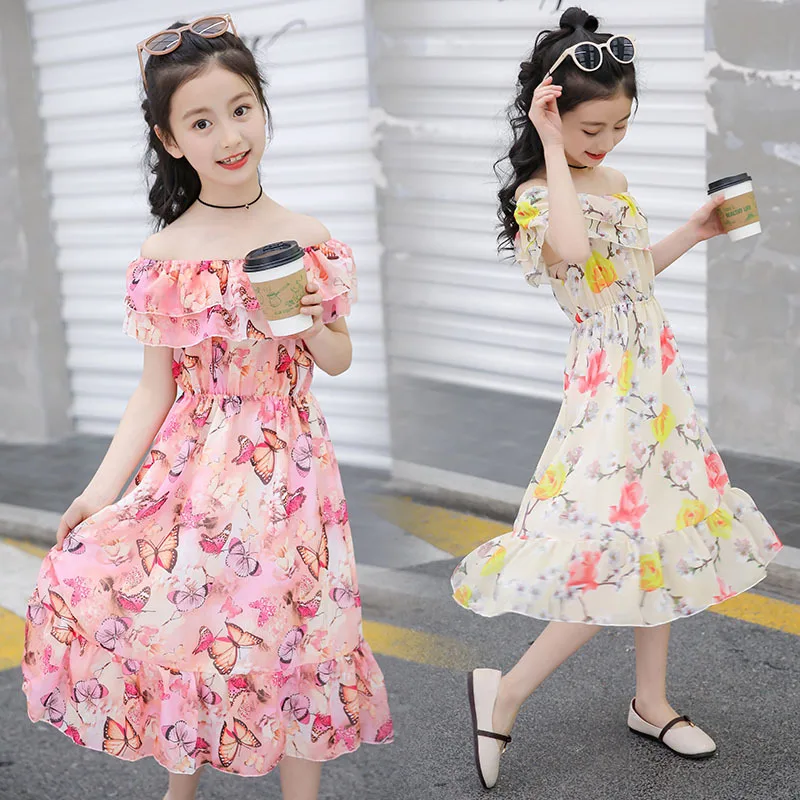 2021 summer Kids baby Girls Long Dress Flower Chiffon Bohemian Beach thin Princess Sexy 5 6 7 8 9 10 11 12 13 14 15 years | Детская