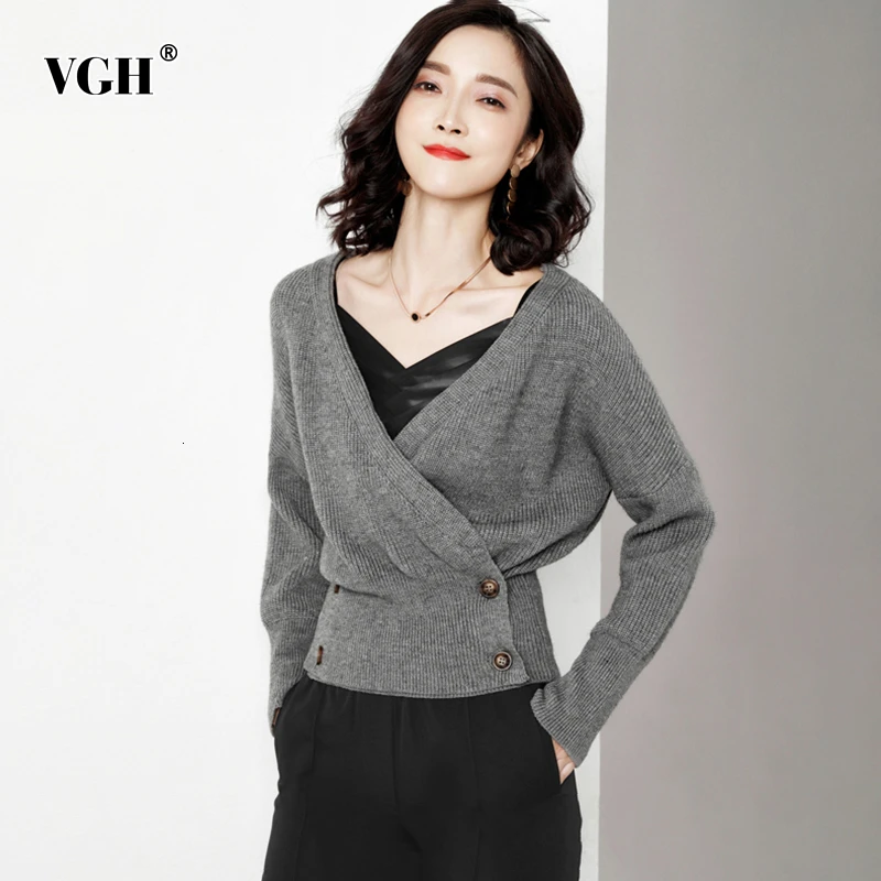 

VGH Korean Knitted Women's Sweater V Neck Long Sleeve Oversized Loose Female Cardigans Autumn Clothing Fashion New 2019 Clothes
