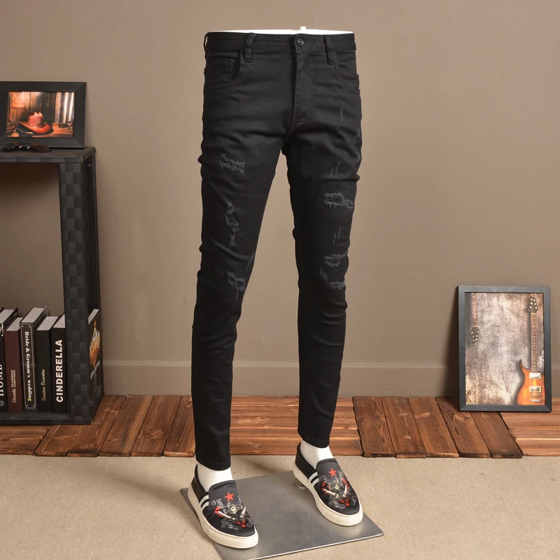 Fashion Men Skinny Jeans Stretch Thin Streetwear Black Pants for Cowboys