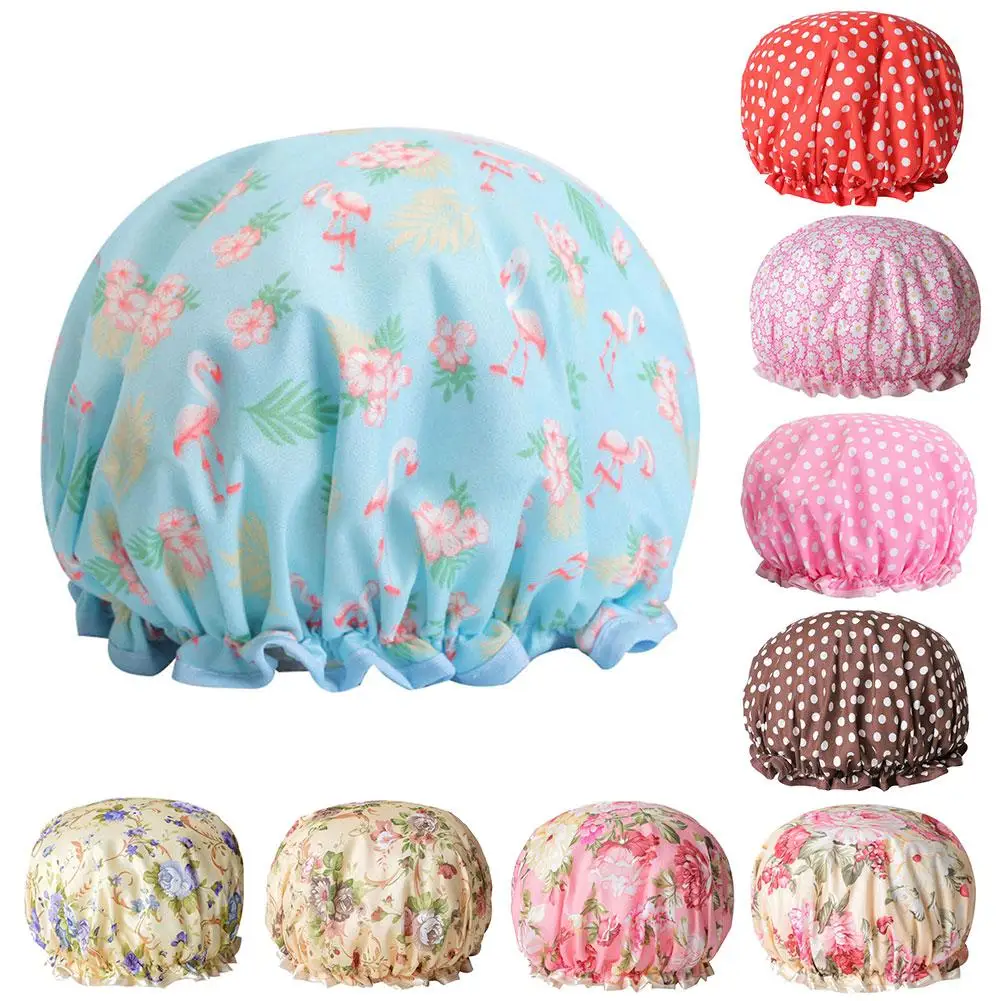 Women Double Layer Flower Dot Hair Fast Dryer Cap Spa Shower Bathing