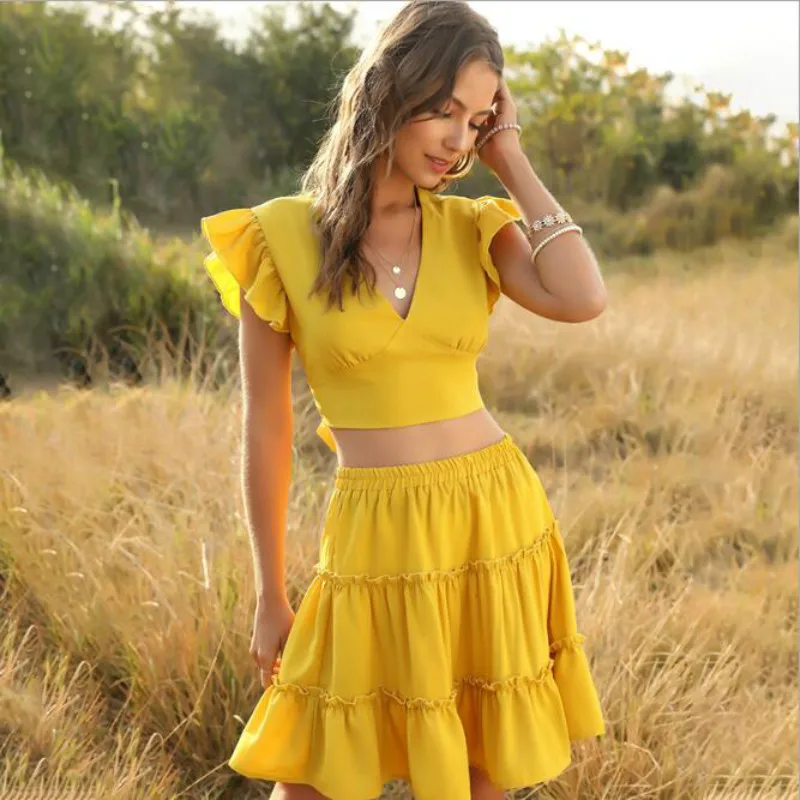 Lofia Women Two Piece Outfits 2 Piece Outfits for Women Two Piece Set Lofia Cake Skirt Lotus Leaf Short Sleeve Sexy Crop Top