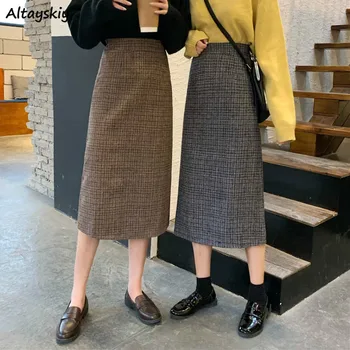 

Skirts Women Vintage Plaid Korean Style High Waist Straight Leisure All-match Mid-Calf Length Skirt Womens Slim Streetwear Girls