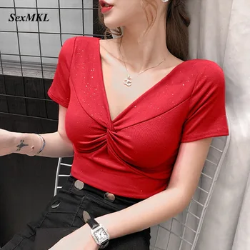 

Summer Cotton T Shirt Women 2020 Fashion Short Sleeve V Neck Sexy T-shirts Red Korean Clothes Slim Ladies Yellow Casual Tops