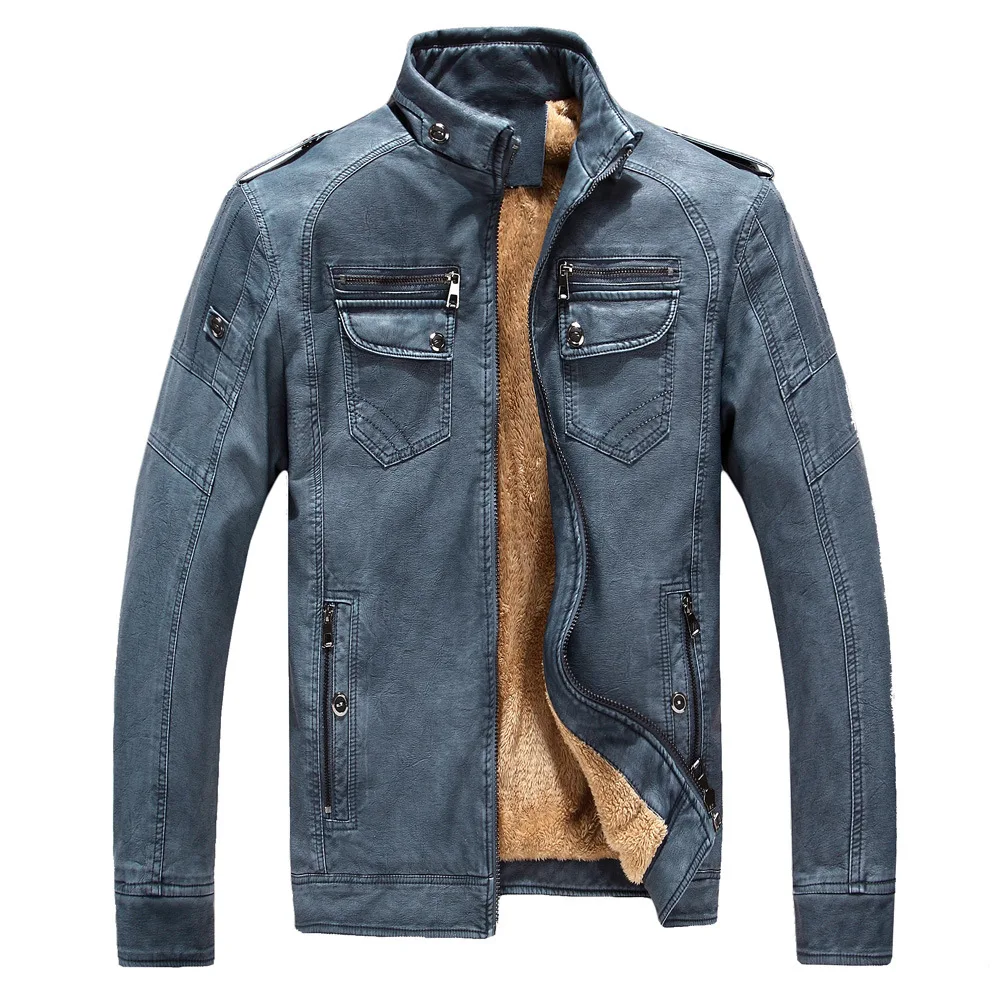 Новые зимние мужские кожаные куртки мужские мотоциклетные теплые кожаные куртки модные брендовые Мужские Флисовые Куртки из искусственной кожи 4XL - Цвет: Denim Blue