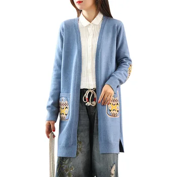 

2019 New Women Long Sleeve Knit Cardigan Embroidered Sweater Open Front Cardigan Outwear Pull Femme