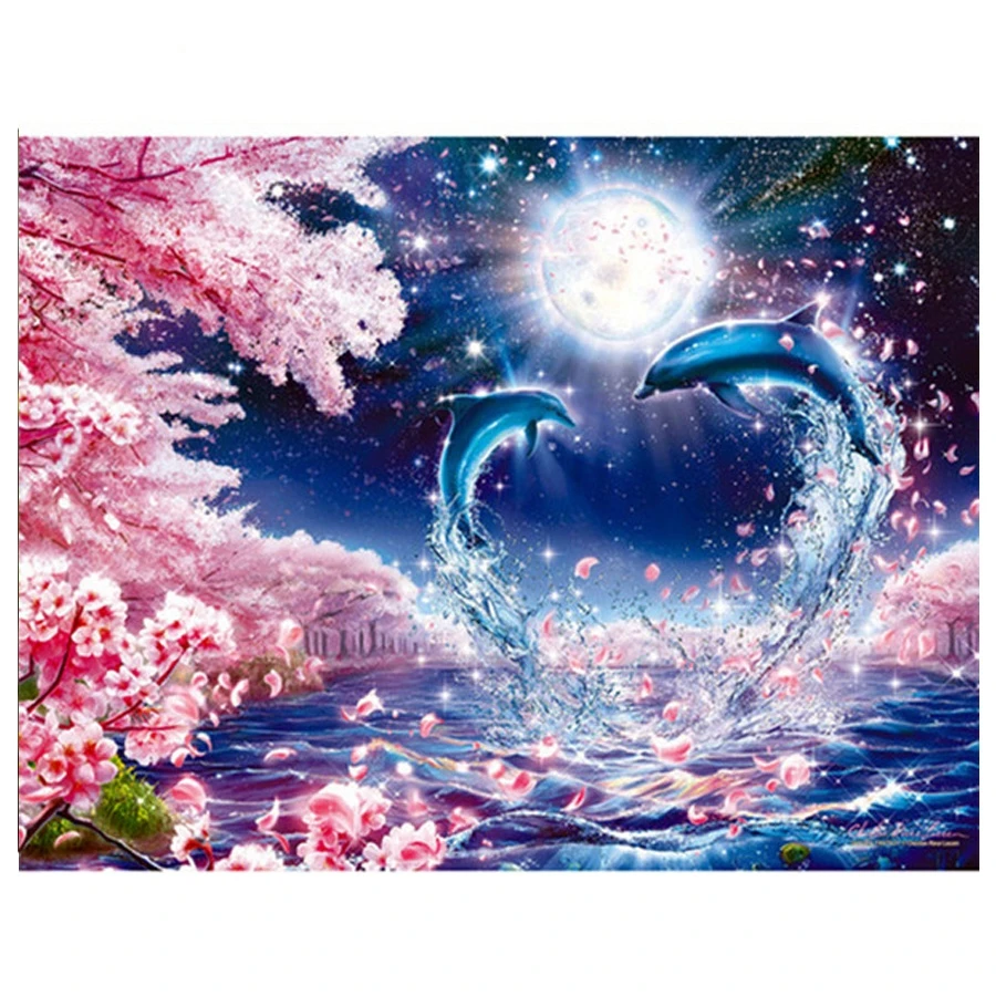 diy Diamond Painting Sakura dolphins Diamond embroidery beads 5d full square round diamond mosaic home decoration accessories_副本