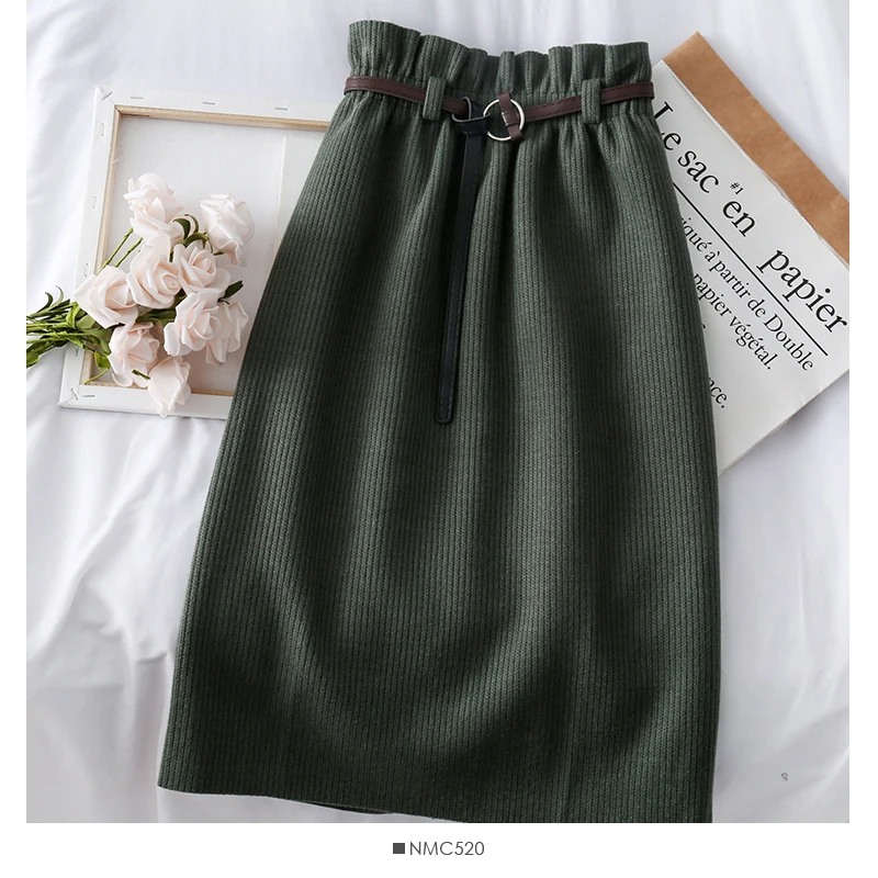 Women's Solid Skirts Autumn Winter Korean High Waist Elastic Waist Sexy Midi Pleated Skirt A-line Woman Falda LS259 - Цвет: green