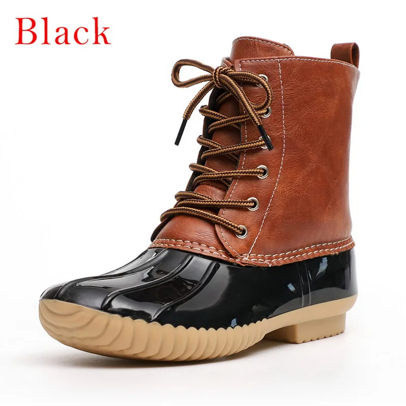 SHUJIN Women's Boots Lady Duck Boot With Waterproof Rubber Sole Women Rain Boots Lace Up Ankle Shoes Winter Women Shoes - Цвет: black