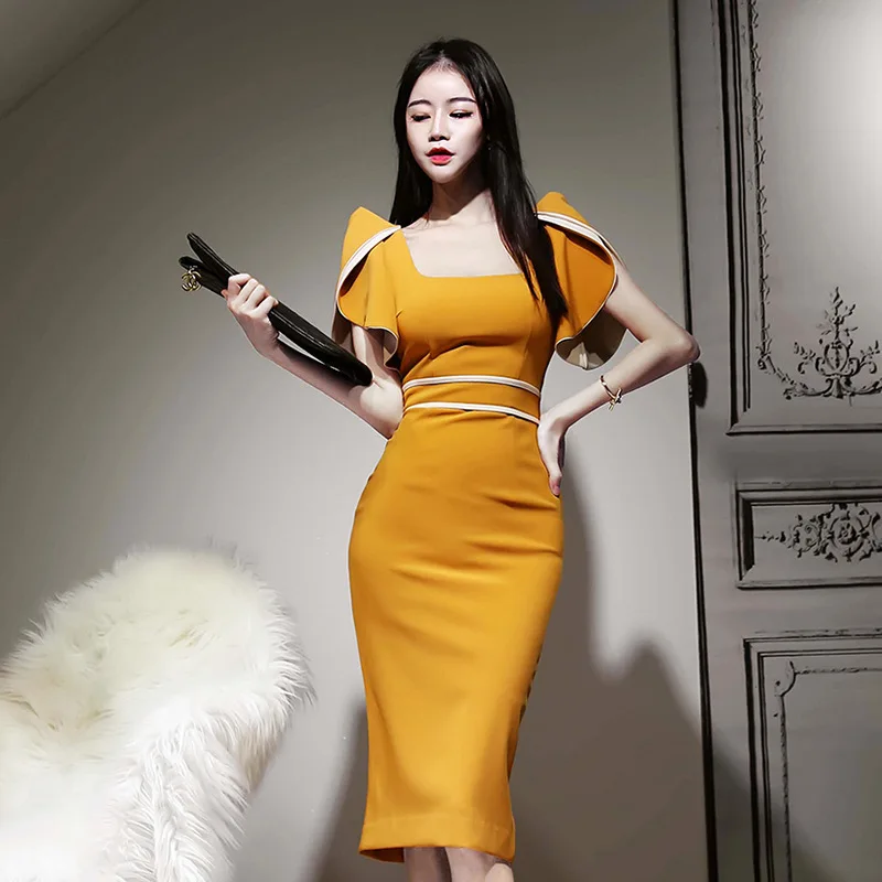 

2020 Spring Clothing Debutante Elegant High Cold-Style Square Collar Dress Fashionable Slim Fit Retro Dress Women's Usual Wearab