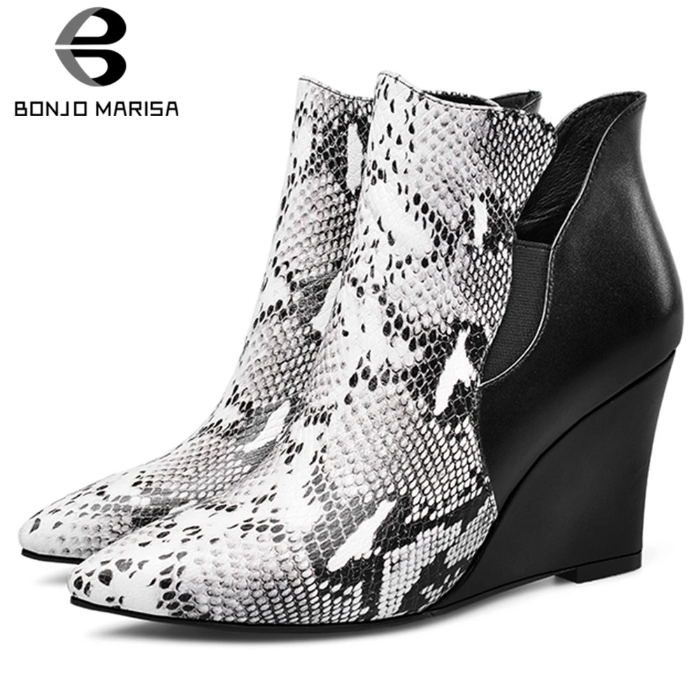 

BONJOMARISA Brand High Wedges Booties Ladies Genuine Leather Ankle Boots Women 2019 Fashion Patchwork High Heels Shoes Woman
