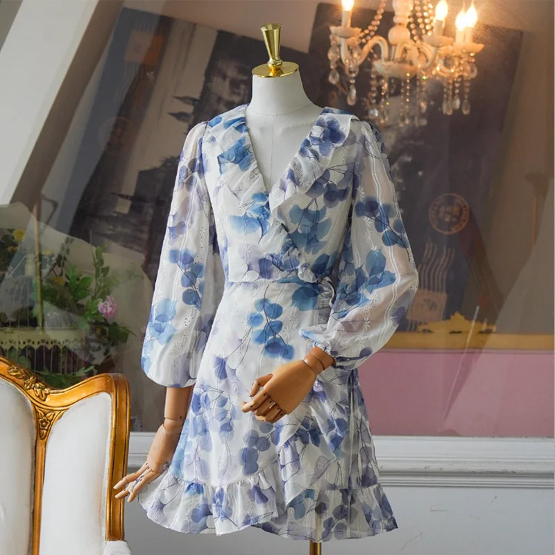 

Women Vacation Elegant Fairy Chiffon Floral Ruffle Long Sleeves A Line High Waist Falbala Flower Two Layers Short Dress Vestidos