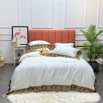

Premium White Pink Gray 1000TC Satin Egyptian Cotton Bedding Set Gold Lace Edge Duvet Cover Bed Linen Fitted Sheet Pillowcases