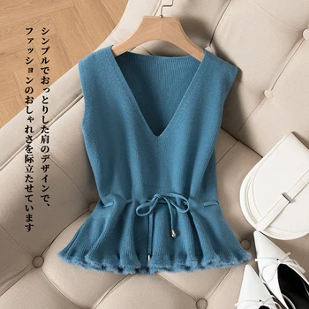 

female Autumn winter 2019 new waistband tie drawstring sweater vest women's fashion Pullover V-neck knitting sweater vest