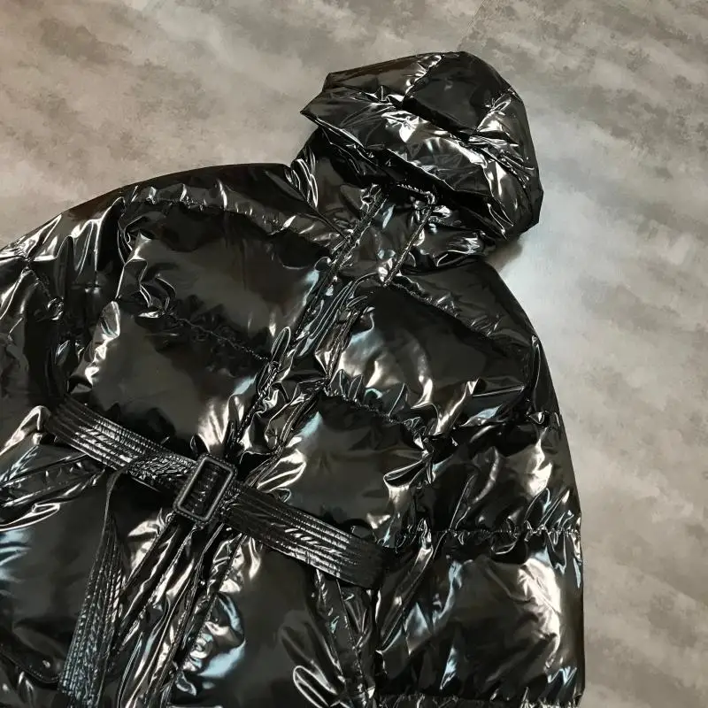 Женская парка с хлопковой подкладкой, новинка, зимняя, блестящая, со светоотражающим поясом, на талии, с капюшоном, пальто, зимняя куртка, женские куртки