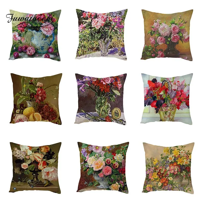 

Fuwatacchi New Vintage Flower Paintings Cushion Cover Pure Linen Hidden Zipper Throw Pillow Cover Roses Pillowcase Free shipping