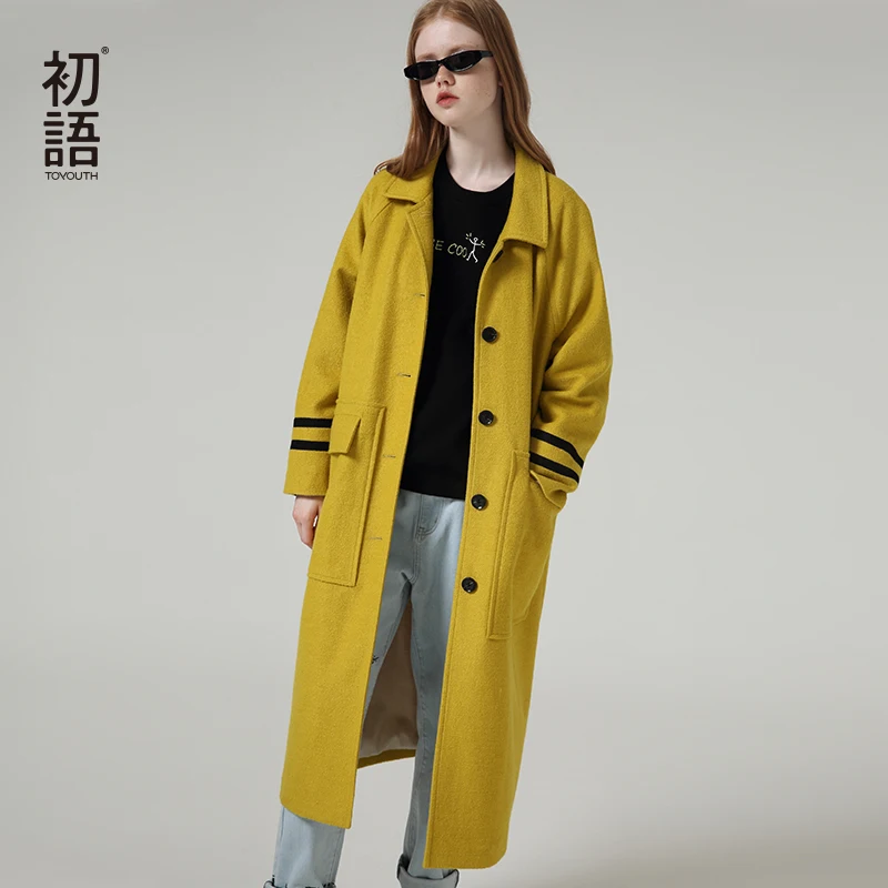 Toyouth женское длинное шерстяное Пальто однобортное с длинным рукавом, верхняя одежда, пальто в полоску с большими карманами, шерстяные пальто