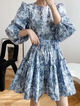 

Free shipping retro cotton and linen print loose women's pleated dress2020New ladies autumn belt long sleeves big hem Puff skirt