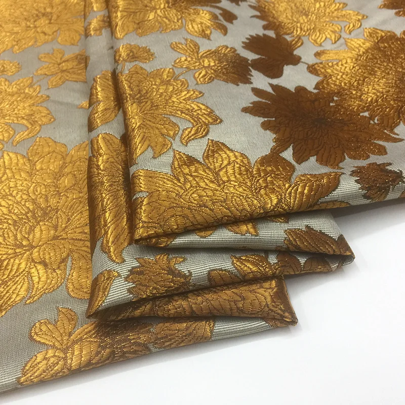 Retro Gold Silk Flowers Hanfu Jacquard Fabric Dress Pants Tang Suit
