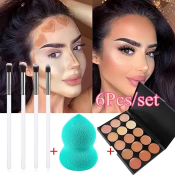 

6 Pcs/set MakeUp Brushes Kit 15 Colors Concealer Palette Sponge Puff Makeup Set Kits Pro Facial Contour Palette