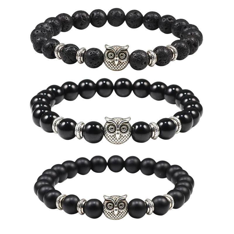 8 мм винтажный черный матовый браслет с головой совы из лавового камня тигриным