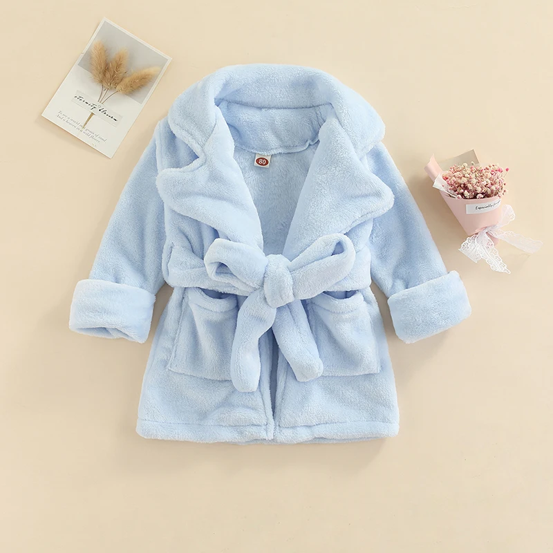FOCUSNORM 1-6Y Autumn Winter Kids Girls Flannel Bathrobe Solid Color/Leopard Print Long Sleeve Sleeping Robe with Belt